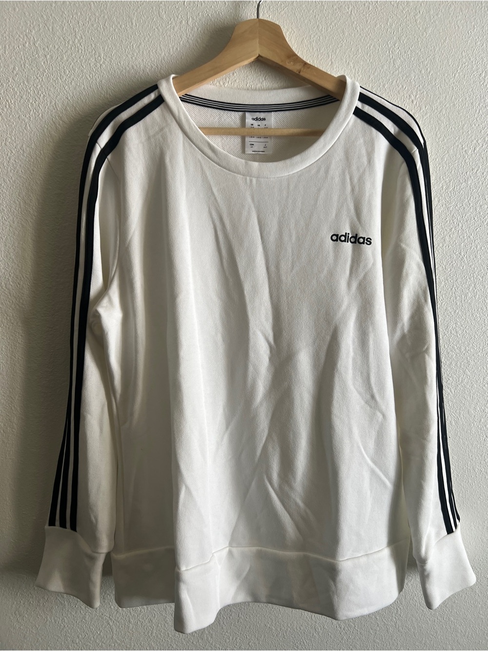 adidas White Long Sleeve Crewneck Sweatshirt with Black Stripes